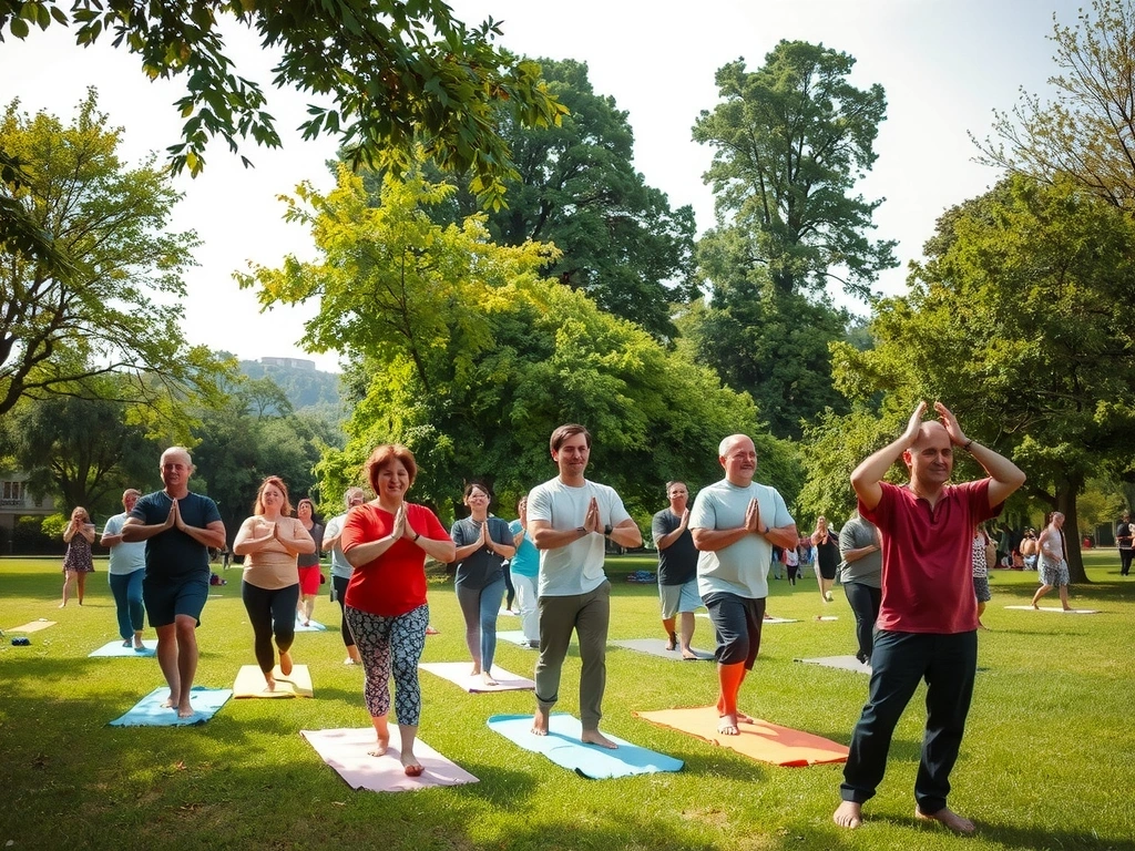 A vibrant, thriving community engaged in wellness activities, diverse people practicing yoga in a park, representing a healthy future.