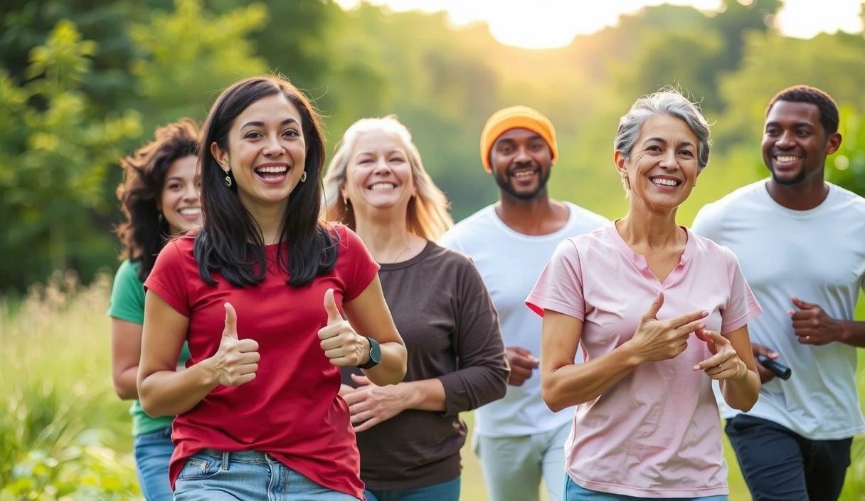 Diverse group of healthy people enjoying nature, smiling and vibrant, representing wellness and natural beauty.