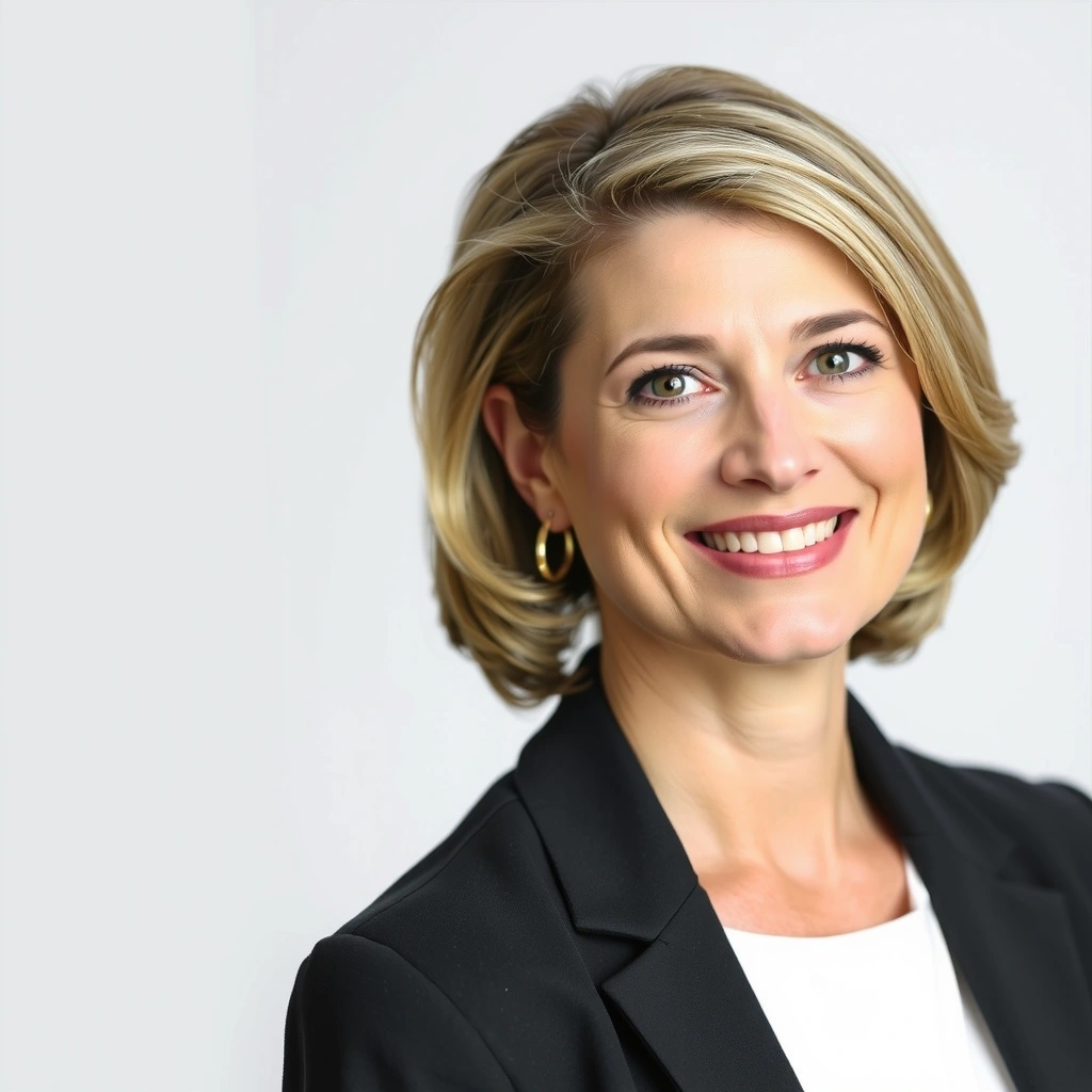 Portrait of a smiling female CEO with a professional and approachable demeanor.