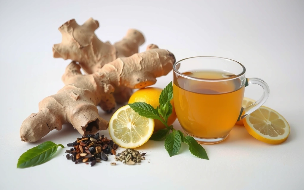 Various herbal tea ingredients and a cup of tea, symbolizing natural detox.