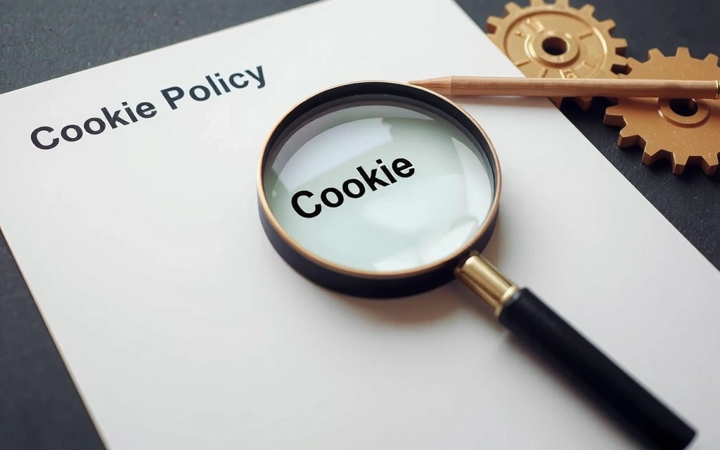 A magnifying glass hovering over a document titled 'Cookie Policy', with subtle gears in the background, symbolizing review and updates.
