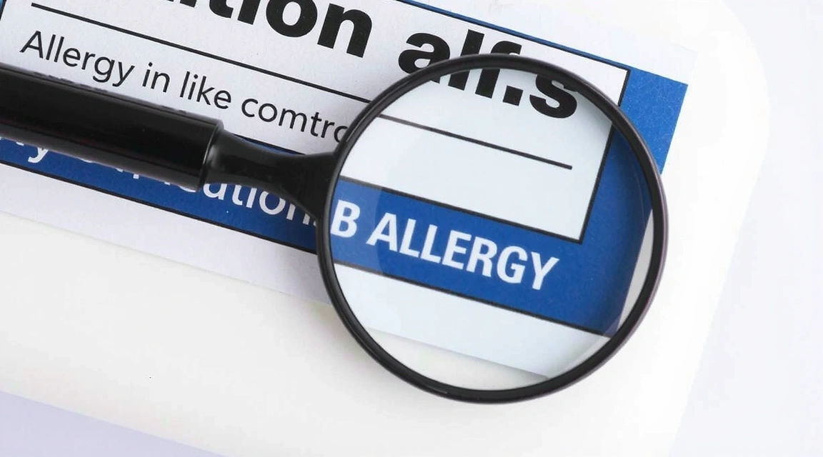 Allergy information label on a product, with a magnifying glass