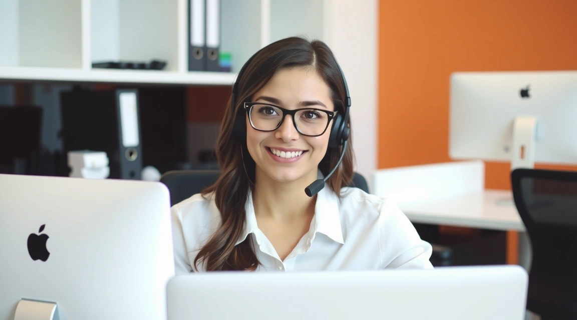 Customer service representative smiling at a desk with a headset