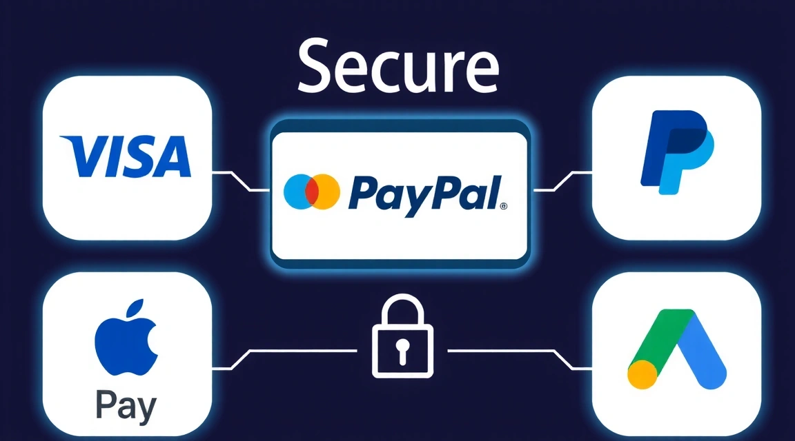 Secure payment icons on a digital screen, representing various payment methods
