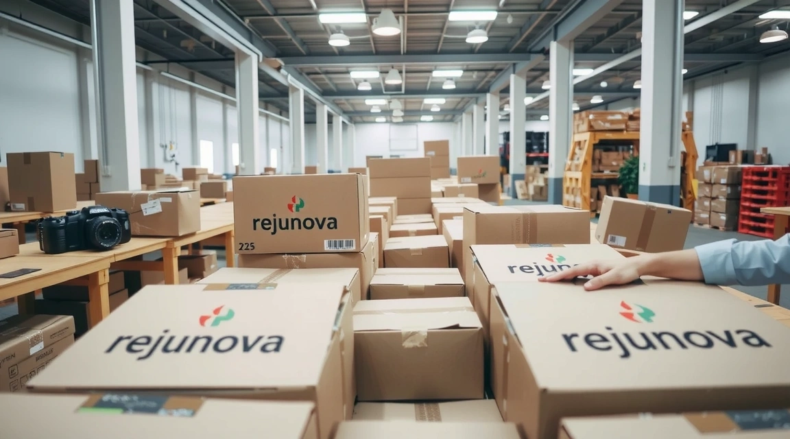 Shipping boxes with Rejunova logo being sorted in a warehouse