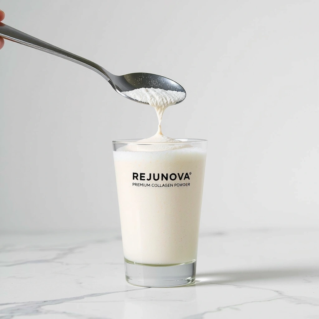 Rejunova Premium Collagen Powder mixed in a glass