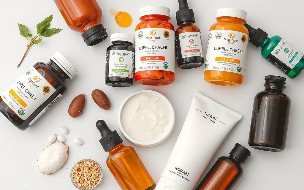 Variety of natural health and beauty products displayed aesthetically